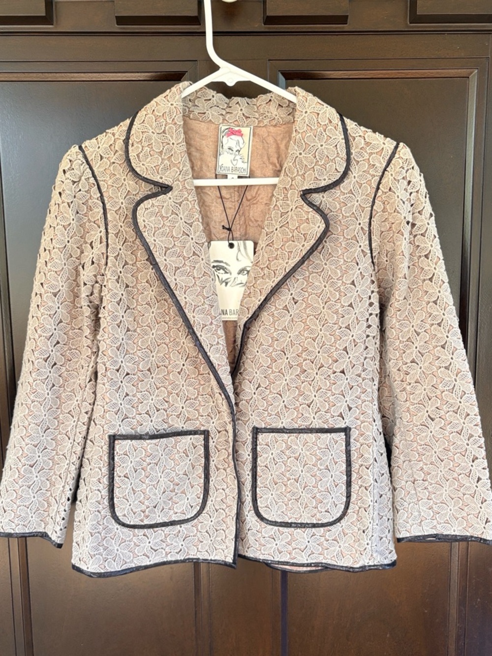 NWT Yoana Baraschi Cotton Lace Faux Leather Trimmed Blazer Small Retail $356